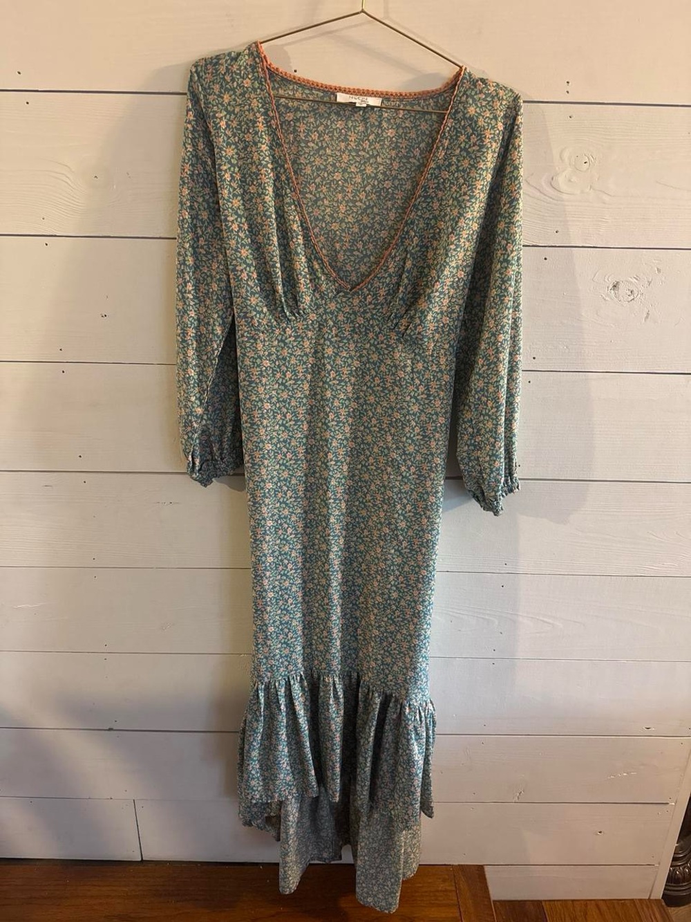 Floral V-Neck Maxi Dress in Teal with Peach Trim